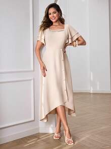 Miaspire Đầm nữ màu trơn cổ vuông vạt lệch thanh lịch tay ngắn, thích hợp cho kỳ nghỉ hè. - Màu be - Xem 7