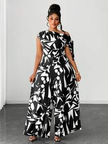 Maweii Plus Size Women's Summer Casual Minimalist Commute & Vacation Floral Print Jumpsuit, Elegant For Party - Black and White - View 5