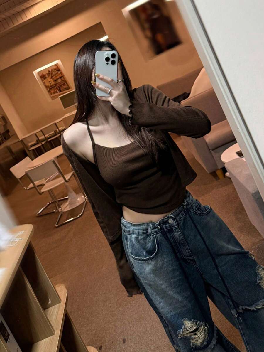 DAZY 2件套 女士开衫+吊带背心，长袖纽扣开衫薄款衬衫 - 棕色 - 查看 1