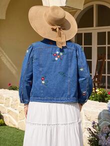 Breezaya Plus Size Women's Spring/Summer Embroidered Washed Denim Jacket - Medium Wash - View 2