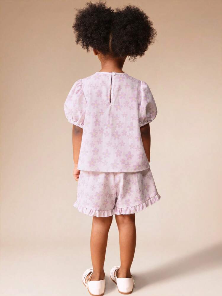 Floral Puff Sleeve Top And Ruffle Shorts Set