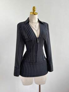 Elamini Women's Elegant Striped Long Sleeve Shirt And Low Waist Striped Skirt 2-Piece Set, Versatile For Daily, Commute, Party, Autumn/Winter - Multicolor - View 5