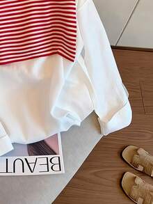 INAWLY 大码女式休闲条纹披肩上衣和半裙套装 - 白色 - 查看 5