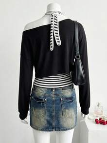 Rina Fox 1 Set Fashion Black Off-Shoulder Crop Top & Striped Camisole Sports Outfit - Multicolor - View 2