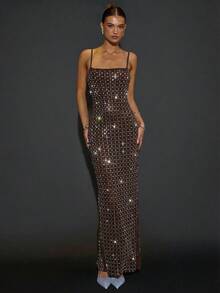 SHEIN BAE 优雅女士闪亮水晶亮片吊带连衣裙，适合毕业派对、正式场合、鸡尾酒会、浪漫约会、秋冬叠穿、派对、夜店、正式聚会、伴娘礼服、晚礼服、万圣节礼服、圣诞节礼服 - 咖啡棕 - 查看 3