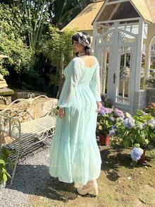 Lyrianda Robe longue à manches longues, à l'épaule dénudée, en mousseline de soie à fleurs, pour femmes grandes tailles - Multicolore - Voir 2