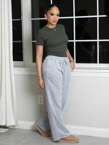 Melissa Matos Women's Summer Streetwear Going Out Casual Sport Basic Essentials French Grey Elastic Waistband Straight Baggy Pants Y2k - Grey - View 6