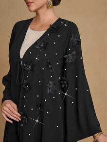 SHEIN Najma Elegant Minimalist 3D Floral Decor Rhinestone Embellished Women Long Sleeve Commuter Style Cardigan - Black - View 1