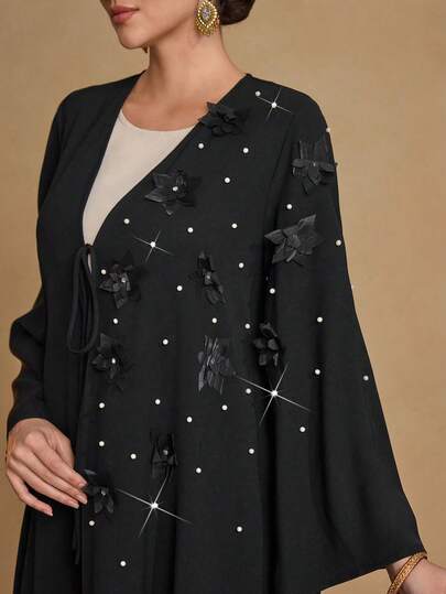 SHEIN Najma Elegant Minimalist 3D Floral Decor Rhinestone Embellished Women Long Sleeve Commuter Style Cardigan