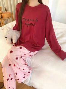 DAZY 2件套女士印花宽松长袖T恤和直筒裤睡衣套装，秋季款 - 酒紅色 - 查看 3