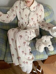 DAZY Happy Dog Striped Print Frill Trim Loose Women Pajama Set - White - View 7