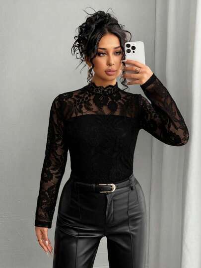 Elenzga Women's Elegant Lace See-Through Sexy Plus Size T-Shirt