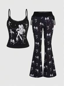 ROMWE Bộ 2 món: Áo hai dây in hình cánh chim hoạt hình dễ thương và quần ống loe cạp thấp. - màu đen - Xem 1