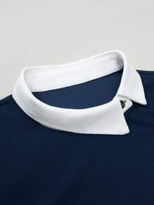 Manfinity Homme Men's Contrast Color Long Sleeve Casual Commuter Versatile Polo Shirt Navy Blue Knit Top, Formal, Ceremony - Navy Blue - View 6