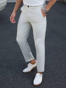 Calvornis Men's Solid Color Casual Linen Pants, Solid Color Long Trousers With Pockets, Suitable For Boyfriend Or Husband, Daily Commute And Outings, Formal - Beige - View 5