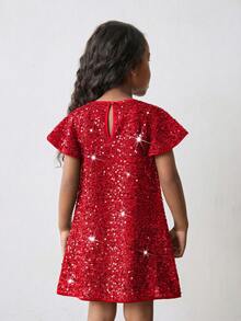 Maija Kids Maija Kids 女童圆领亮片荷叶边袖连衣裙 - 紅色 - 查看 2