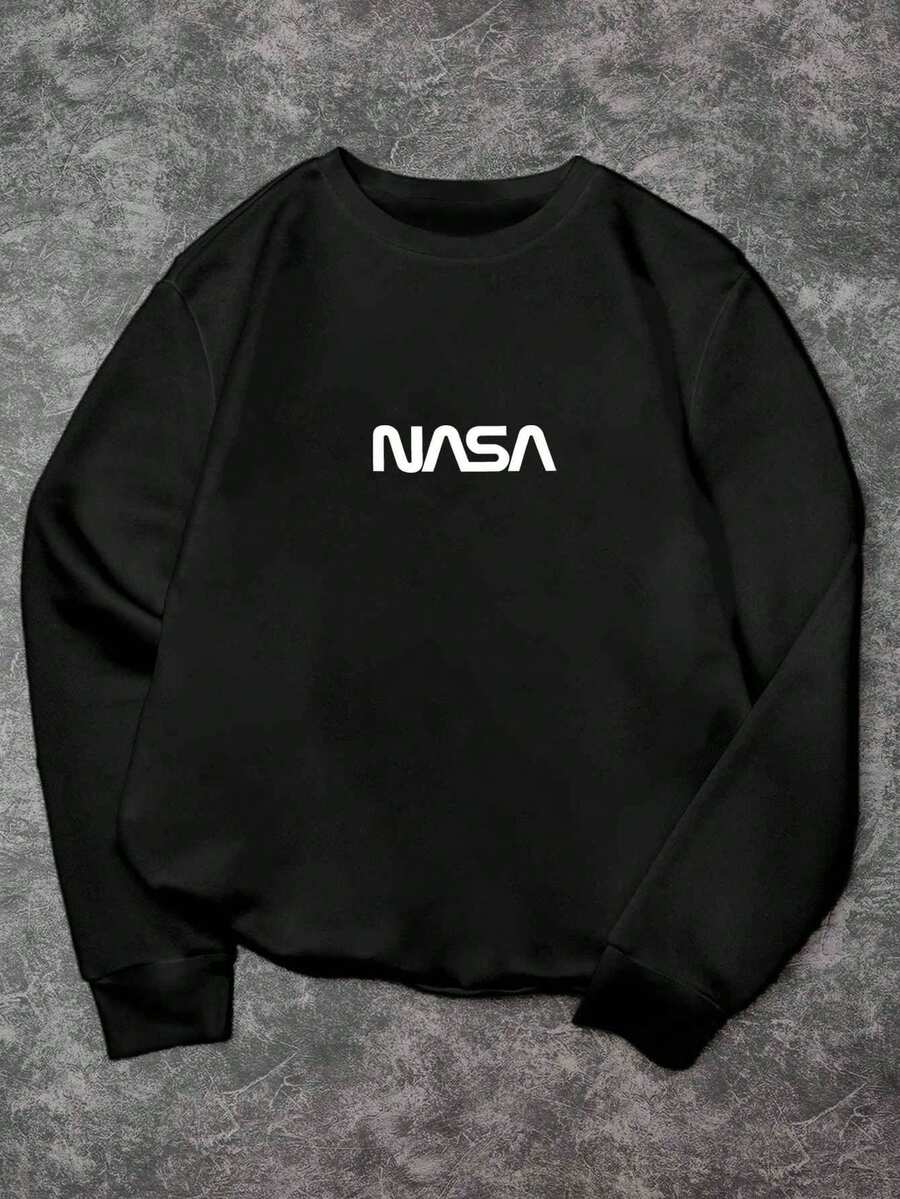 Manfinity Roghcode Men Letter Print Crew Neck Casual Versatile Long Sleeve Sweatshirt, Fall - Black - View 1