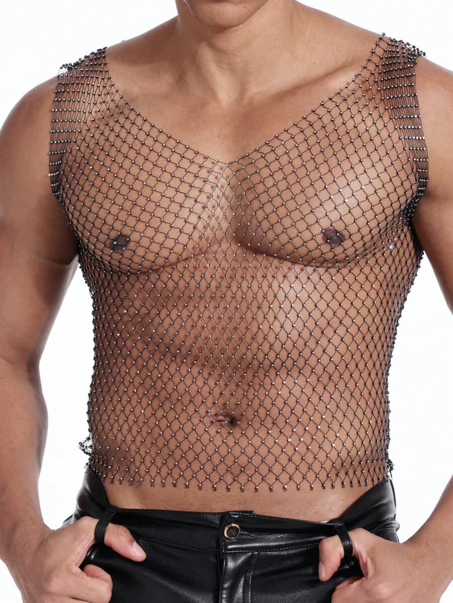 Manfinity AFTRDRK Classic Black V-Neck Fishnet Rhinestone Embellished Sexy Camisole - Black - View 1