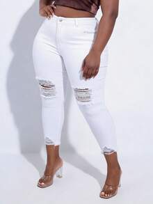 CurvyTilda 大碼高腰破洞毛邊緊身九分牛仔褲 - 白色 - 查看 3