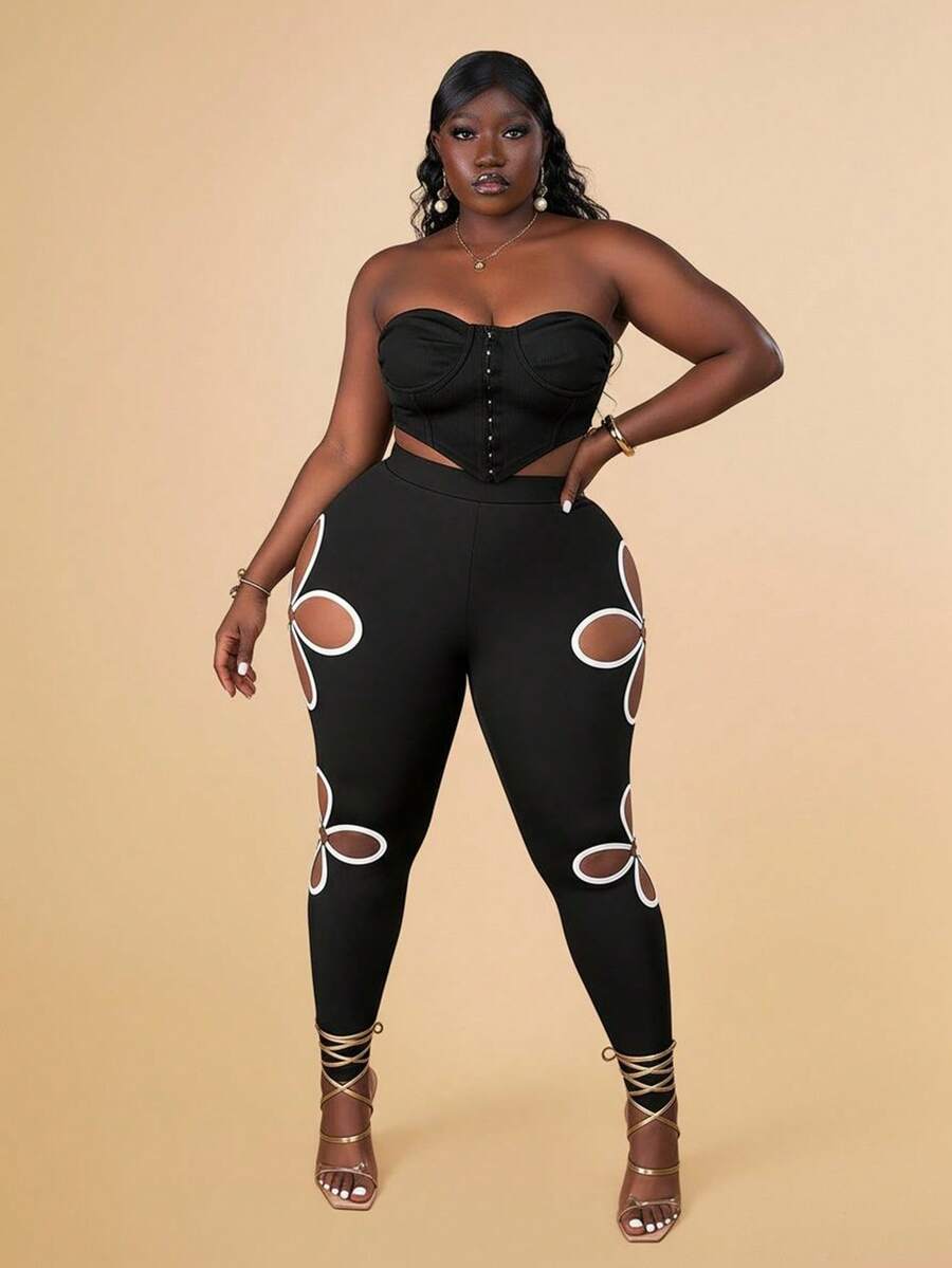 CurvyTilda Plus Contrast Binding Cut Out Leggings - Black - View 1