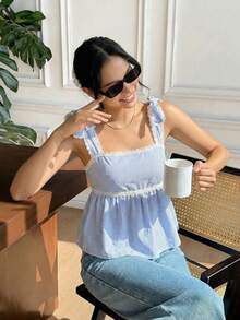 Reset Phase 少女休闲日常时尚蓝白格子荷叶边衬衫，配蝴蝶结肩带，适合外出和日常穿着 - 白色 - 查看 9