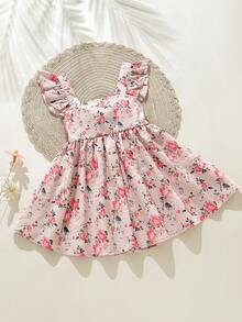 SHEIN 女婴/幼儿女童无袖碎花荷叶边露背连衣裙，配有可拆卸蝴蝶结和镂空腰身，时尚、甜美、可爱、休闲，适合海滩、郊游、乡村、日常穿着、派对等多种场合。 - 粉色 - 查看 2