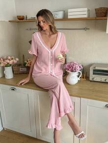 SHEIN Women's Casual & Fresh V-Neck Ruffle Contrast Lace Short Sleeve Top And Pants Pajama Set, Pink Bubble Texture - Pink - View 4