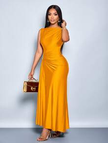 YkhahaYkhahaSOLERSUN Vestido elegante de mujer con decoración de metal de unicolor, ajuste delgado, adecuado para el uso diario, compras, fiestas y reunionesYkhahaYkhaha - Naranja - Ver 4