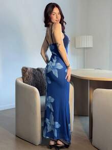 Abrilcols Váy ôm in hoa cho nữ - Màu xanh hải quân - Xem 4