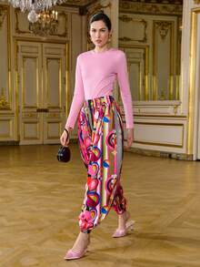 LOTSLUV Women's Valentine's Day, Heart Abstract Placement Print, Elastic Waist Ruched Balloon Leg Print Pants - Multicolor - View 5