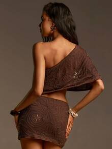 Athîral 女士休闲度假无袖镂空直筒卡其色串珠亮片刺绣迷你连衣裙 - 卡其色 - 查看 5