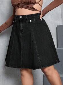 SHEIN ICON Chân váy denim ngắn đơn giản, cỡ lớn, thích hợp mặc hàng ngày. - màu đen - Xem 5