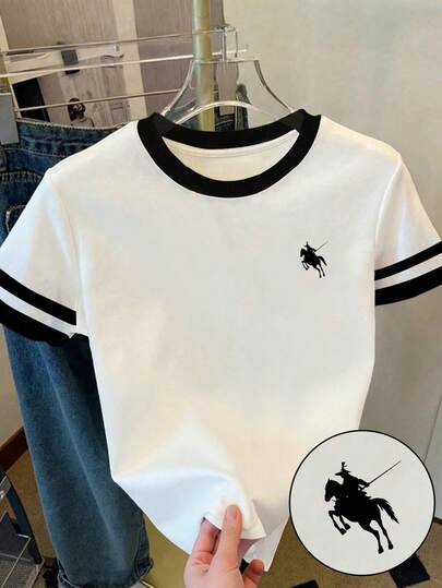 Minimalist Knight Pattern, Preppy Look, Iconic Polo T-Shirt, Tween Girl Slim Fit Casual Cartoon Print Comfortable Crew Neck Form-Fitting Long Sleeve T-Shirt, Suitable For Spring/Summer Daily Wear, Classic American Style, Elegant, Casual