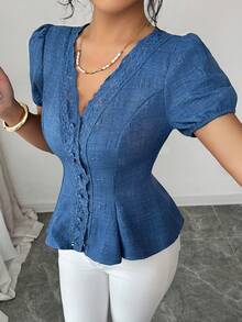 Selianne Áo sơ mi ngắn tay nữ, chất liệu vải dập nổi họa tiết nơ, trang trí viền hoa, kiểu dáng tối giản thời trang, phù hợp cho đi làm hàng ngày vào mùa hè, đi ăn, dự tiệc, đa năng. - Màu xanh lam - Xem 5