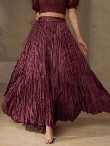 MOTF PREMIUM FALDA PLISADA LARGA DE CINTURA ALTA CON CINTURÓN DE CUENTAS - Burdeos - Ver 5