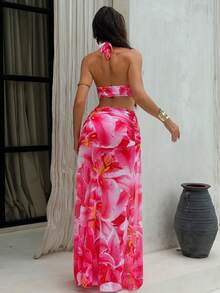 Swim SXY 3件套女士夏季沙滩泳衣，随机印花露背比基尼上衣、下装和薄纱长裙性感泳装套装 - 粉色 - 查看 2