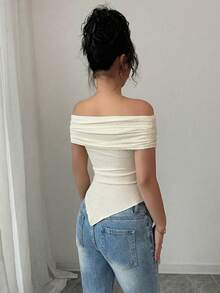 Rafferiza Women's Casual Commuter Fitted Off-Shoulder Short Sleeve T-Shirt, Summer - Apricot - View 2