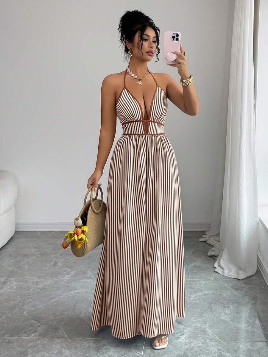 Elenzga Women's Striped Print Halter Tie Neck Dress - Coffee Brown - View 1