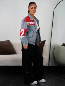 SAYEHFBABY 女士休闲时尚街头字母图案拼接拉链口袋落肩宽松牛仔夹克，春秋 - 藍色 - 查看 6