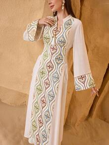 SHEIN Najma Elegant Luxurious Embroidered Long Sleeve Dress, Exquisite Craftsmanship, Sophisticated Style - White - View 7