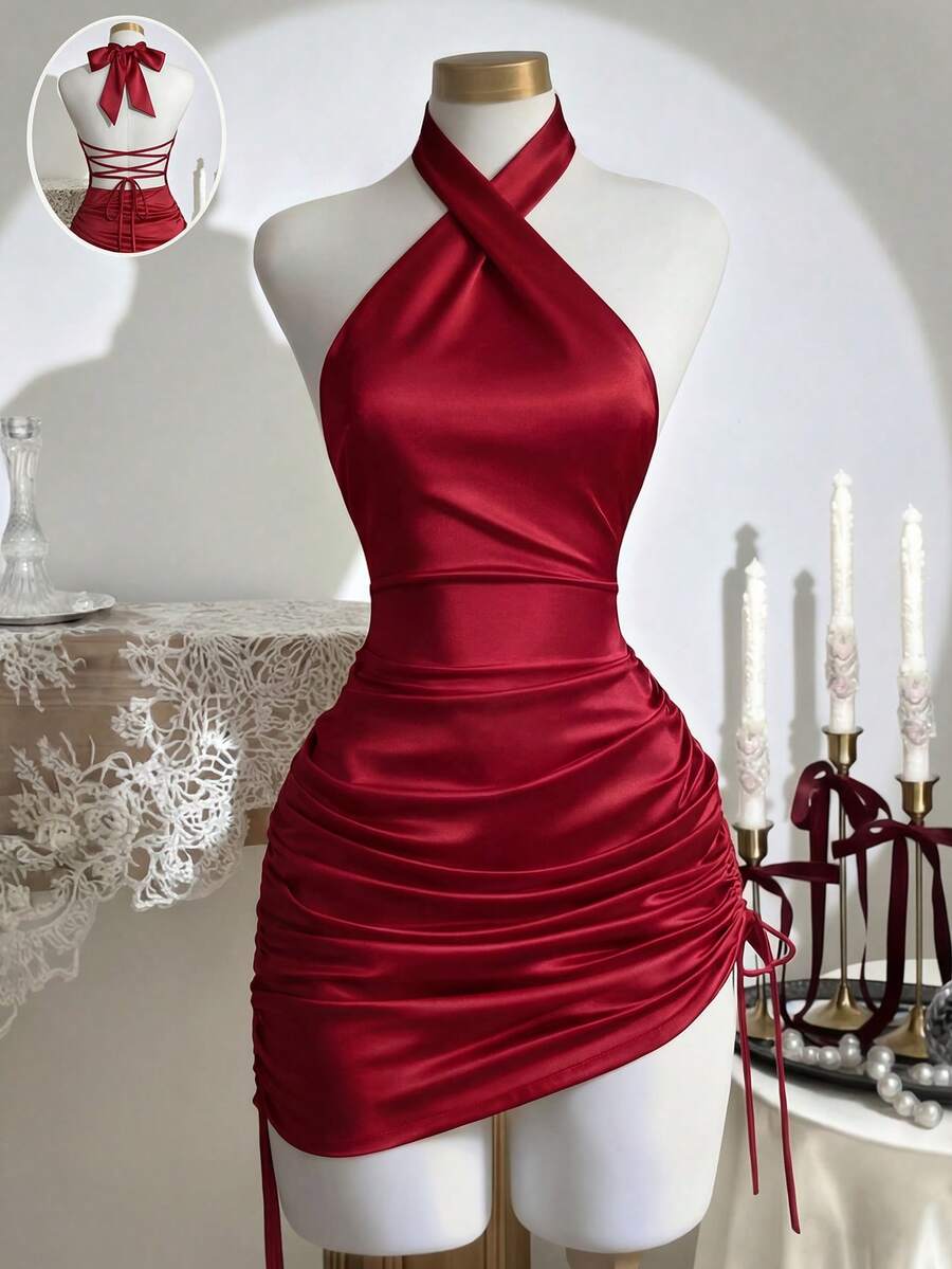 Franclia High-End Satin Dress With Halter Neck, Pleated Details, Elegant Summer Style, Fitted Waist, Hip-Hugging Design, Asymmetrical Hem, Women's Satin Dress, Spring/Summer Women's Dress, Elegant Party Dress, Vacation Outfit, Valentine's Day Outfit, Sexy Dress, Sleeveless Dress.Fashionable Casual Commuter Wear, Business Office Wear, Versatile And Stylish Everyday Casual Wear, Urban Teacher's Professional Attire - Red - View 1