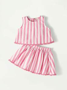 Maija Kids 两件套少女优雅都市校服风格粉色条纹荷叶边圆领背心和短裤套装，适合返校、日常休闲穿着、外出、聚会、假期、春夏穿着。 - 彩色 - 查看 3