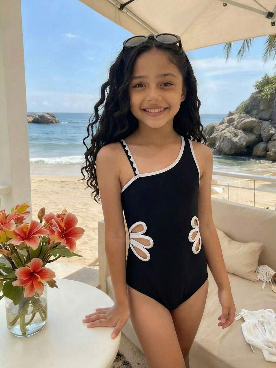 少女黑白撞色镂空吊带弹力可爱简约优雅连体泳衣，夏季 - 彩色 - 查看 1