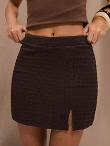 SHEIN BAE Women's Casual Brown Knitted Plain Mini Skirt With Split Detail - Brown - View 1