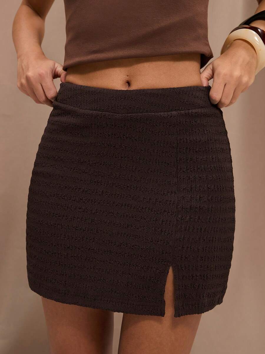 SHEIN BAE Women's Casual Brown Knitted Plain Mini Skirt With Split Detail - Brown - View 1
