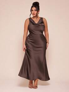 SHEIN BAE Elegant Sleeveless Satin Waist Cinched Dress - Coffee Brown - View 3