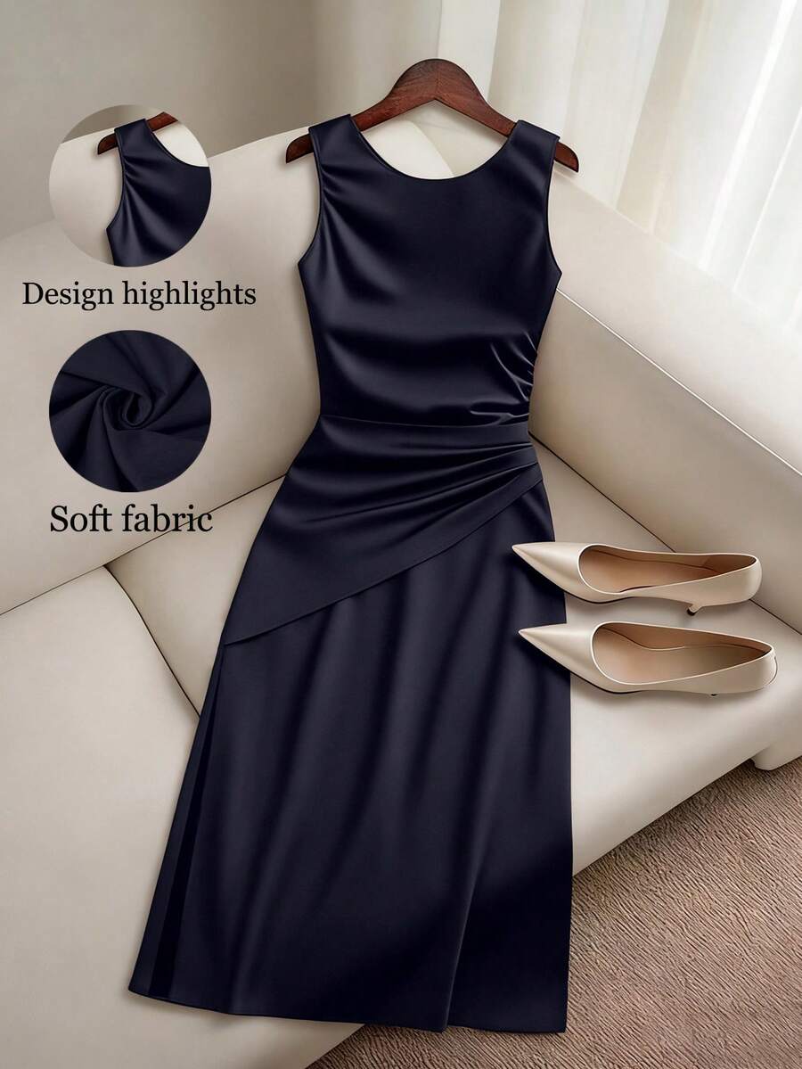 GlowEve CURVE Plus Size Women Summer Elegant Solid Color Pleated Waist Sleeveless Dress - Navy Blue - View 1