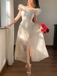 DAZY Cap Sleeve Frill Trim Camisole Dress, Elegant Office Wear Dress Wedding Guest Dress - Beige - View 10