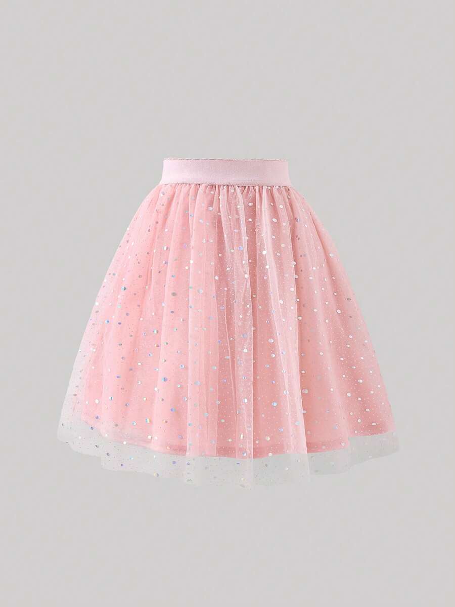 SHEIN Young Girl Sequin Mesh Casual Summer Skirt - Pink - View 1
