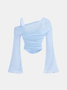 Girlism Blusa de manga larga con hombros descubiertos y mangas acampanadas, de estilo retro occidental y elegante, para adolescentes - Celeste - Ver 2